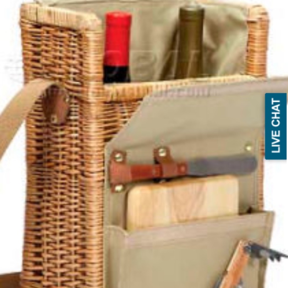 Wind and cheese picnic basket with cork screw, knife and cutting board.